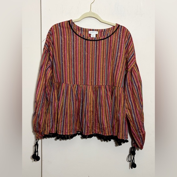 Amaryllis Tops - Amaryllis Womens Striped Tassle Pom Pom Boho Colorful CottonTop Size M NWOT